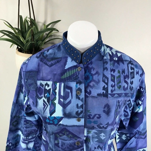 Vtg Roper Western Rodeo Shirt Blue Batik Studded‎ Collar Cropped Women’s Size M - Picture 2 of 9